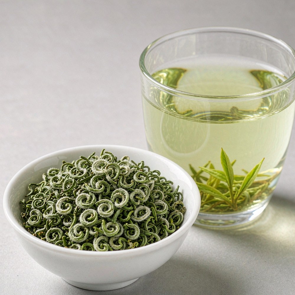 Biluochun green tea (Pi Lo Chun) curled spiral dry leaves with white down in bowl - bulk export